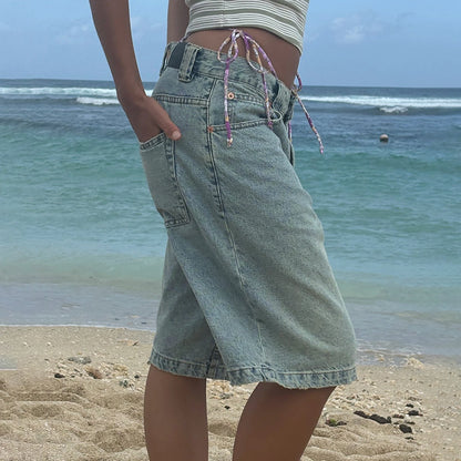 New Fashion Womens Knee Length Denim Shorts Loose Solid Color Low Rise Wide Leg Long Shorts With Pockets For Summer S-2XL