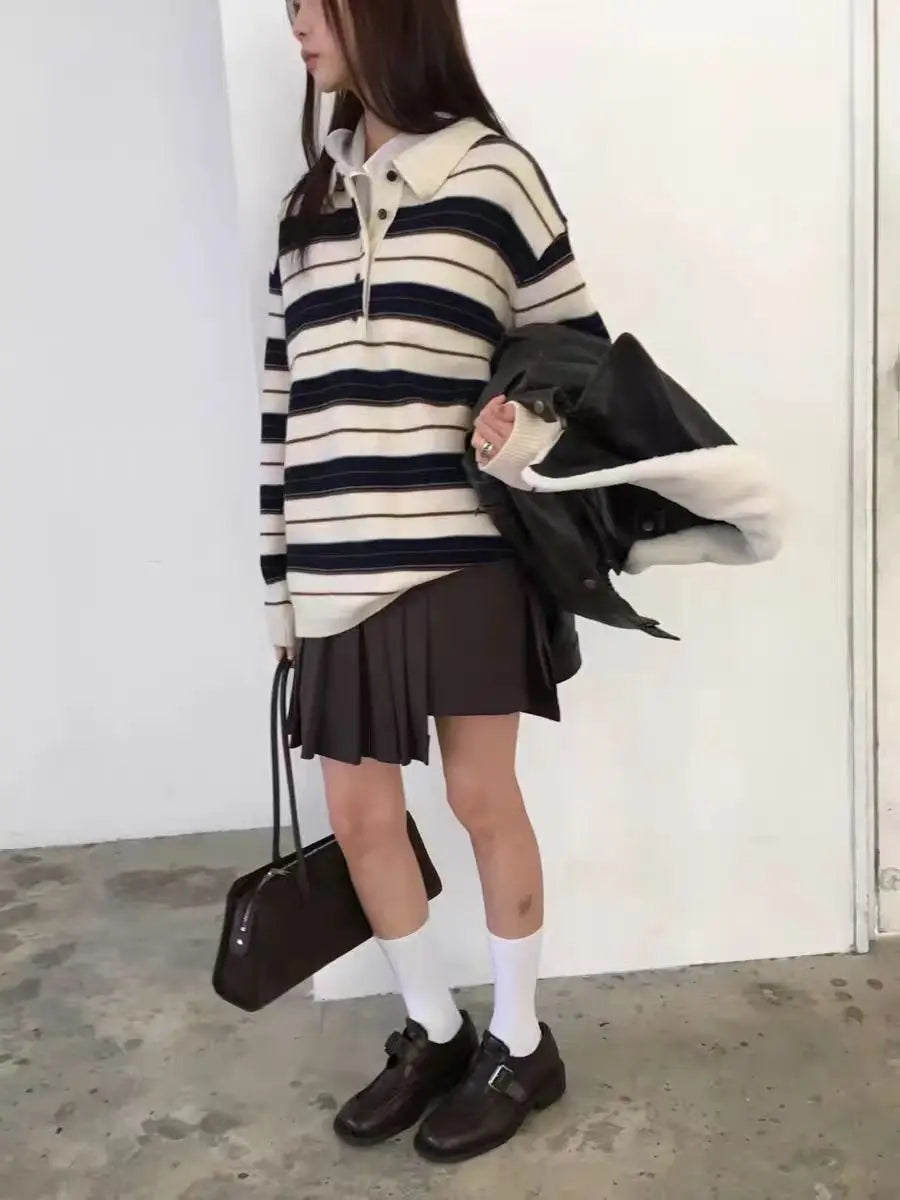 Retro Korean Style Striped Loose Fit Long Sleeve Knitwear Casual Comfortable Warm Collared Sweater for Women Spring Autumn Wi...