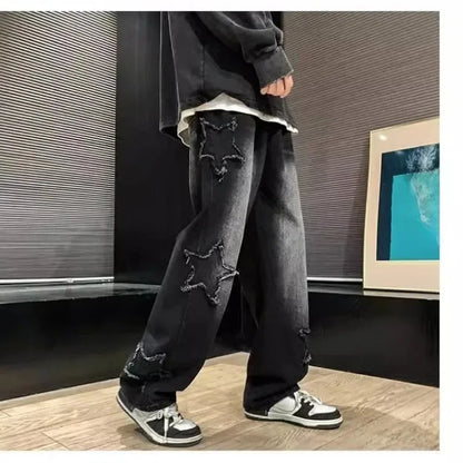 2025 New Fashion Stars Towel Embroidery Brown Men Jeans Pants Y2K Clothes Straight Hip Hop Cotton Trousers Pantalon Homme