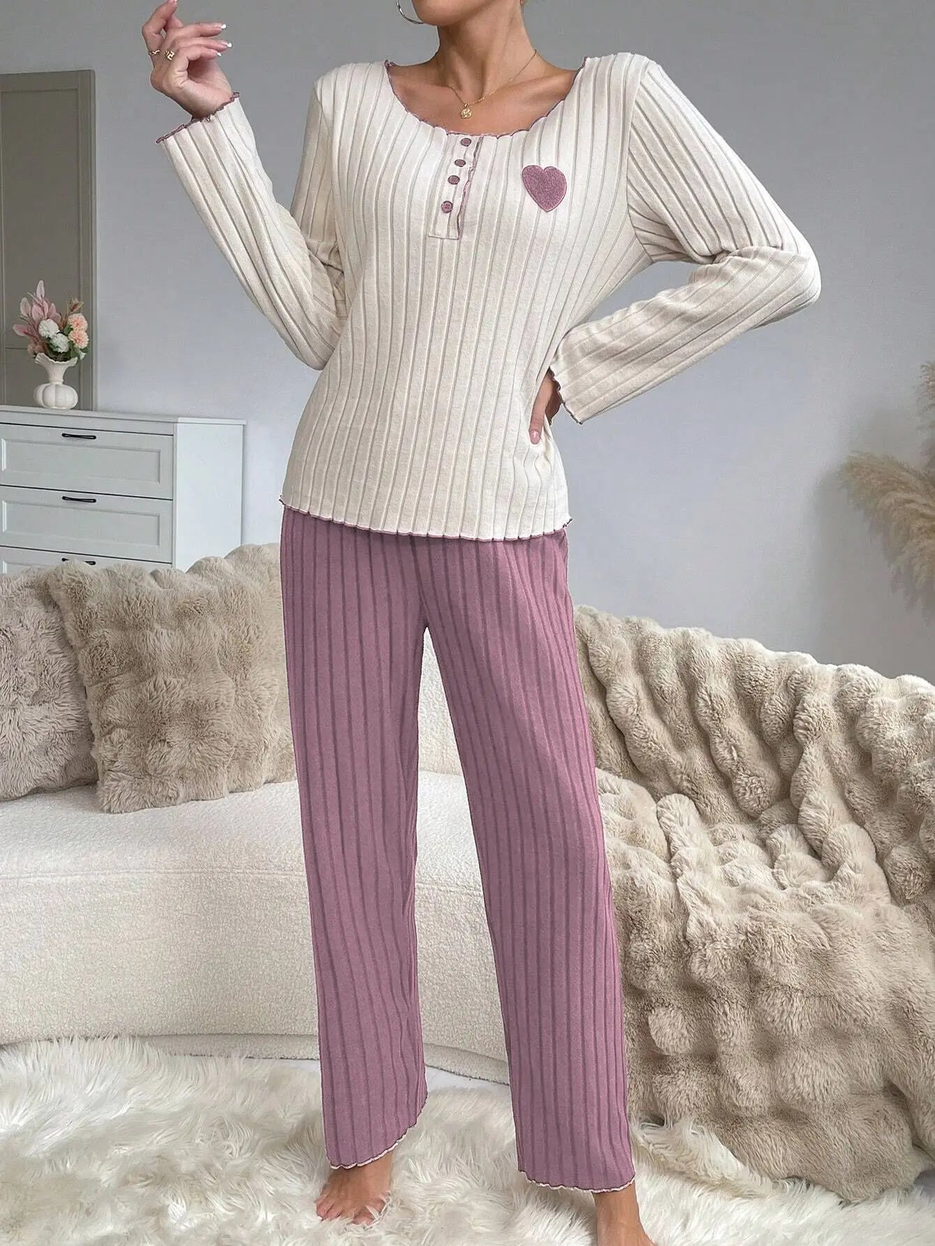 Women Autumn Winter Sleepwear Casual Long Sleeve Heart Printd Tops and Long Trousers Pajamas Set Homewear Loungewear