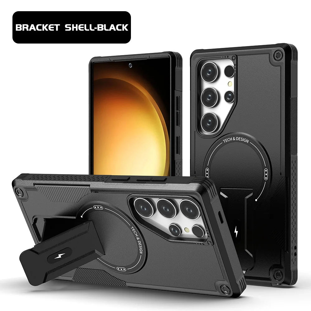 Magnetic Armor Case For Samsung S26 S25 Ultra S24 Plus A56 5G A36 A26 A16 A06 With Holder Cover Wireless Charging Bracket Cover