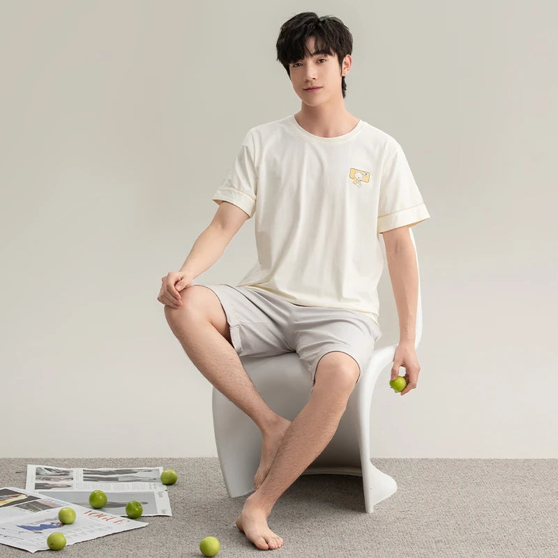 Couple Pajamas Set Summer Short-Sleeved Sleepwear 100% Cotton Men and Women Pyjamas