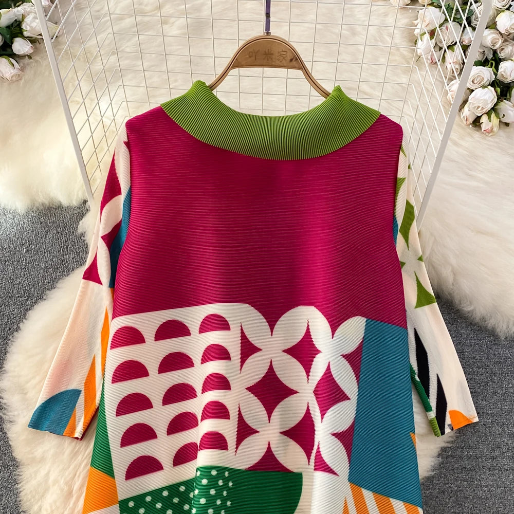 Miyake Pleated Drape Dress Women 2024 Spring Summer Colorblock Printing Lapel 3/4 Sleeve Single-breasted Fashion Shirt Dresses