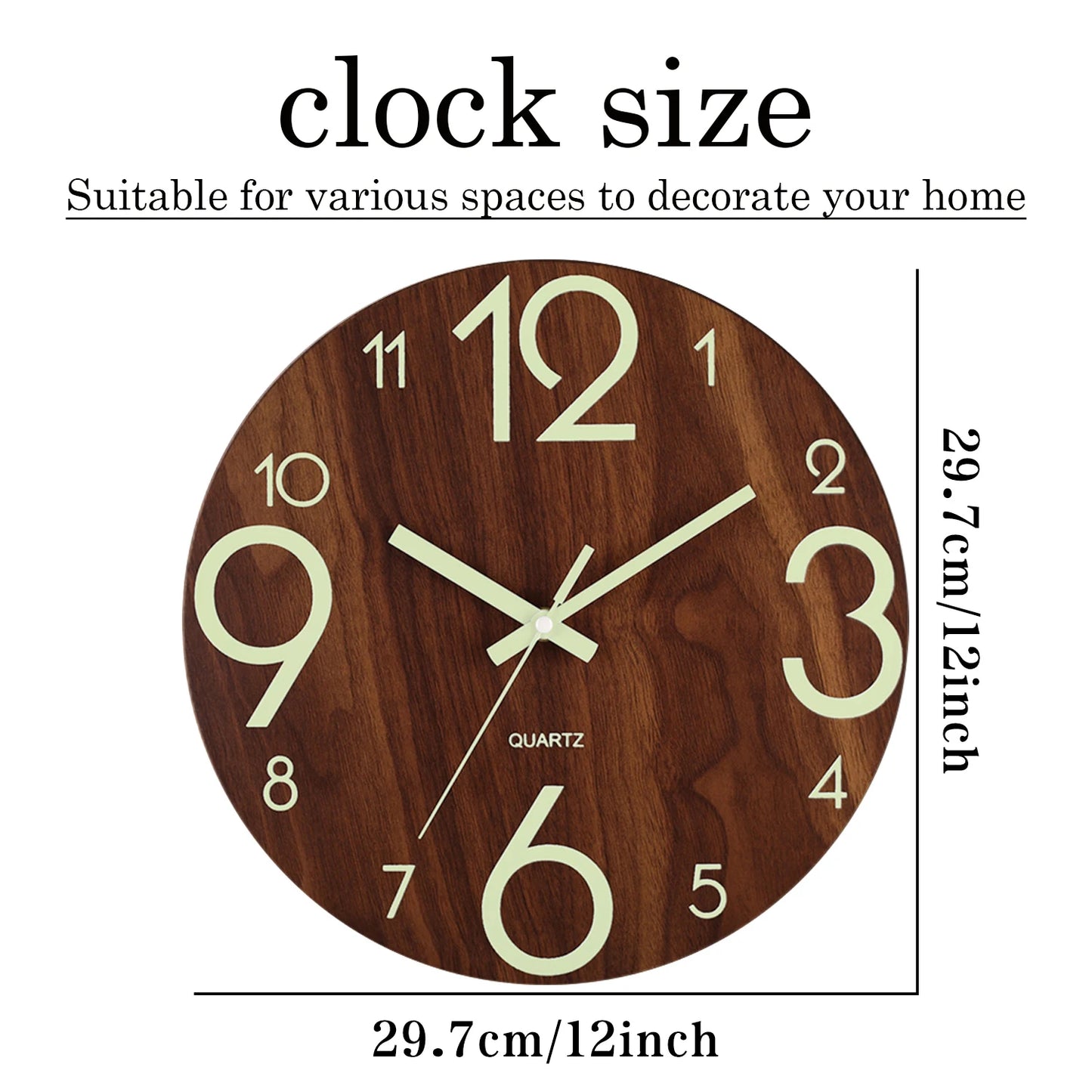 Luminous 12 Inch Silent Wall Clock - Nordic Wood Design with Night Light
