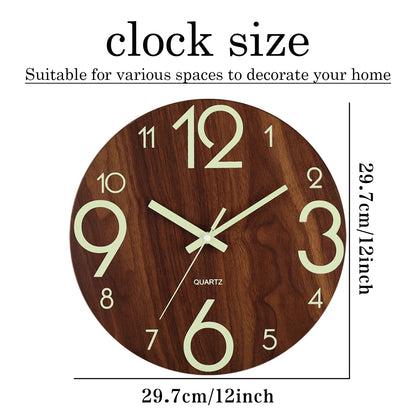 Luminous 12 Inch Silent Wall Clock - Nordic Wood Design with Night Light