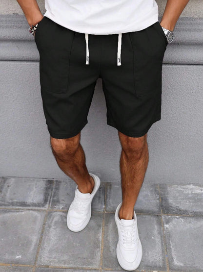 Summer Men's Retro American Style Shorts with Drawstring Casual Pants Included Solid Color Trendy Mid-Length Men's Shorts