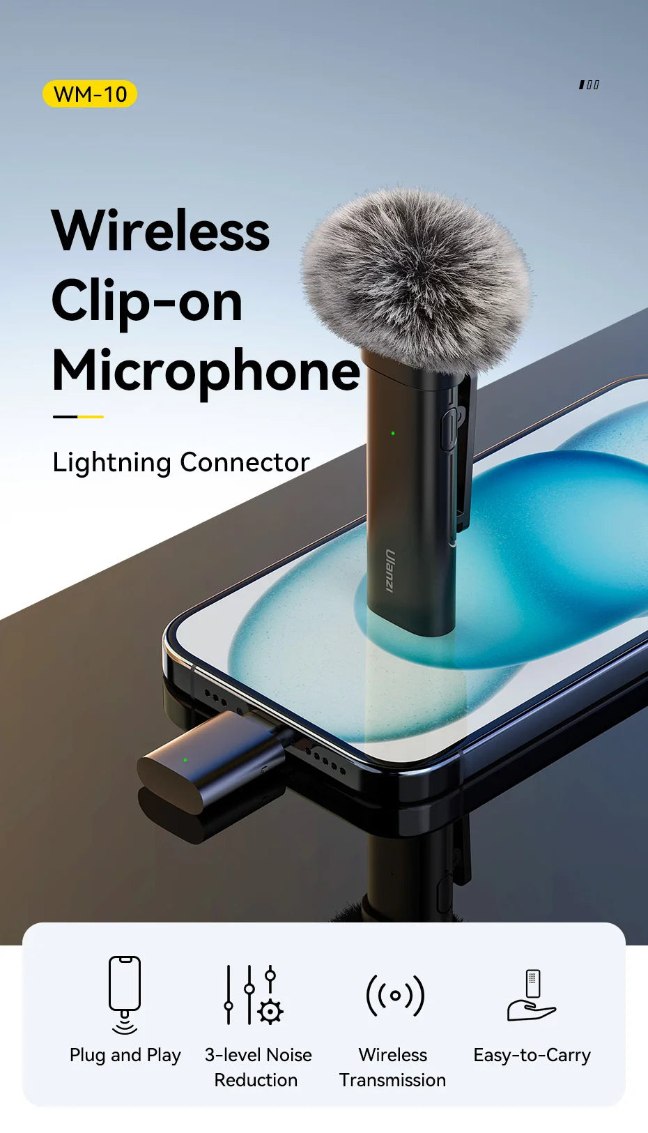 Ulanzi VM-10 Wireless Clip-on Microphone 3-Level Noise Reduction Mic With Lightning Connector For iPhone Vlog Live Streaming