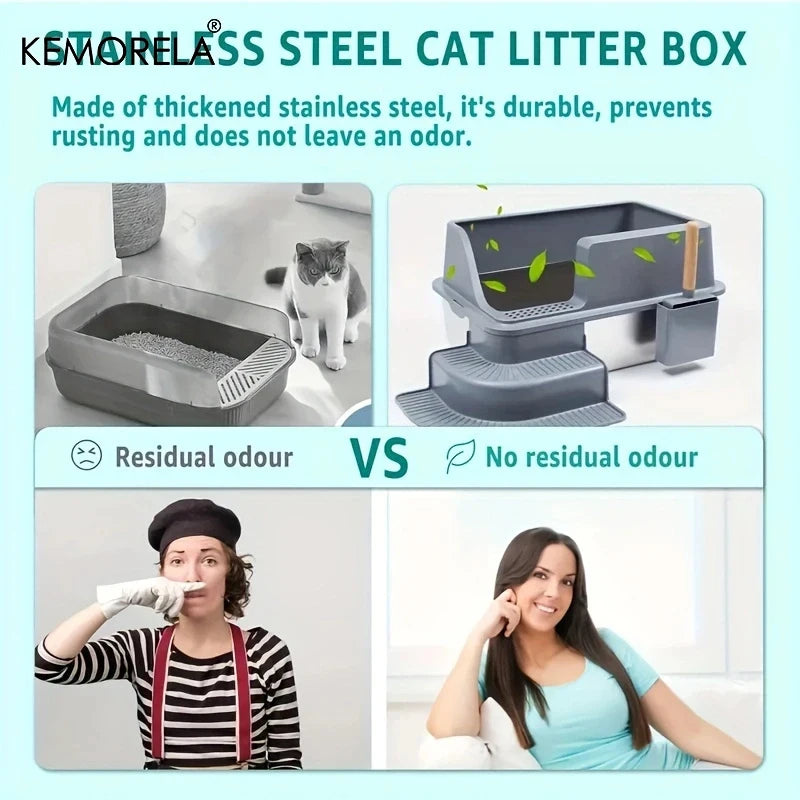Extra Large 20L Stainless Steel Cat Litter Box - Splash-Proof Easy to Clean Odorless Toilet - ZOOMNSTORE