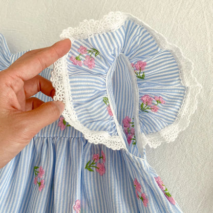 2026 New Summer 2-6Yrs Princess Round Neck Dress Striped Baby Girl Dress Flying Sleeve Cotton Embroidery Blue Sweet Dress