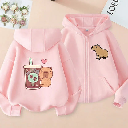 Kawaii Capybara Zip Up Hoodie - Childrens Manga Sweatshirt for Kids - ZOOMNSTORE