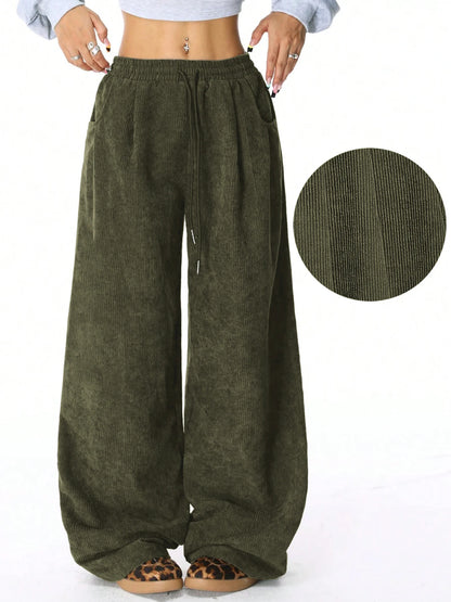 Women's Retro Corduroy Cargo Pants Casual Drawstring Straight Sports Pants Drape Daily Commuting Wide Leg Pants