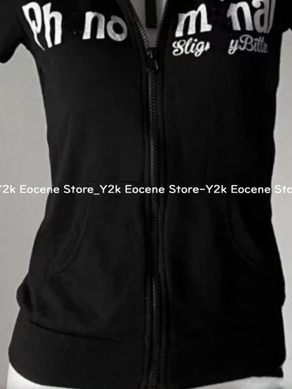 Y2K Subculture Skull Print Zip Cardigan Short Sleeve Women Japan Slim Fit Striped Hoodie Casual Tops Fashion Streetwear Clothes