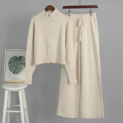 2025 New Trendy Autumn Winter Zip Up Knit Pants Set Women's Trendy Slim Fit Cardigan Pants Chic Commuting Sweater Outfit
