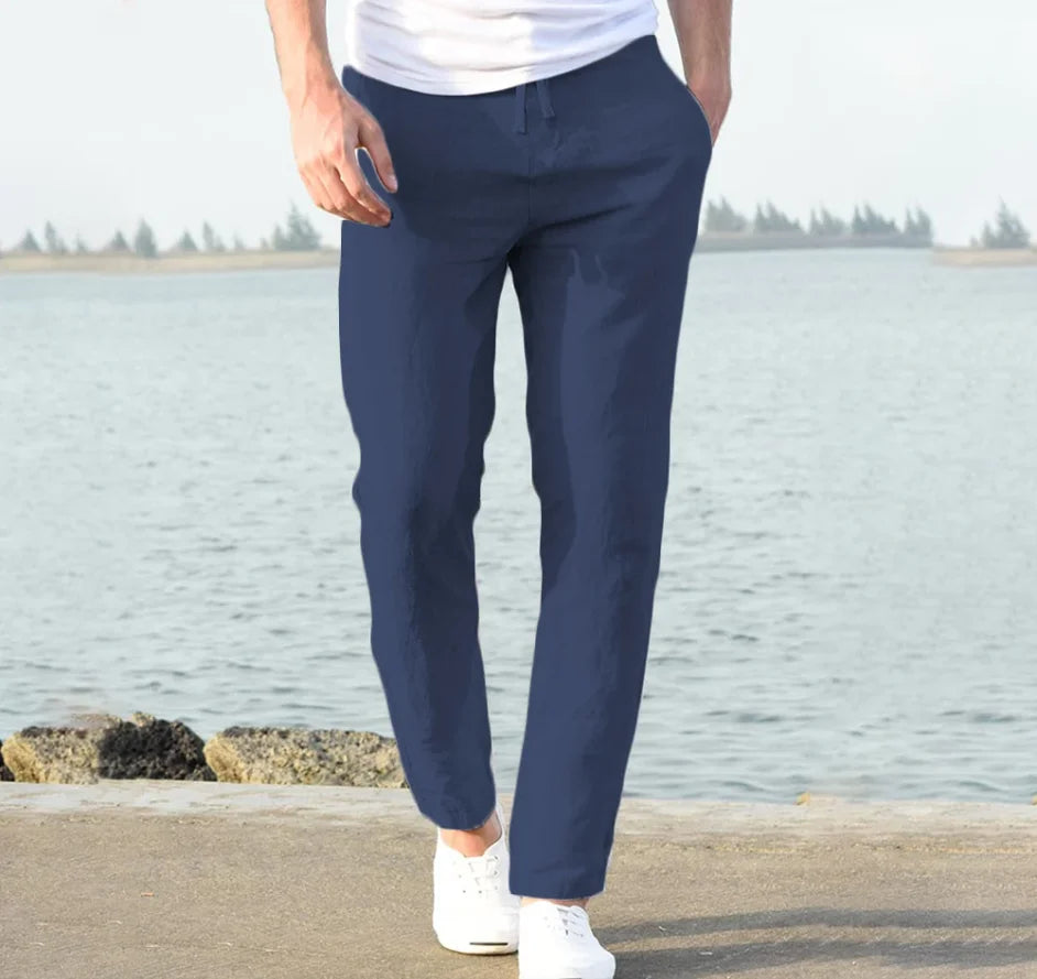 New Men Cotton Linen Pants Summer and Autumn Solid High Waist Wide-Leg Trousers Male Loose Hemp Casual Breathable Sports Pants
