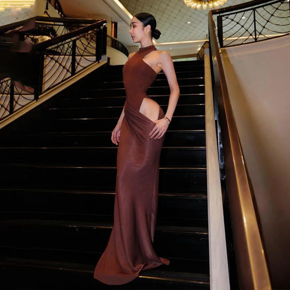 Sexy Black Maxi Dress - Women's Sleeveless High Waist Sheath Evening Gown