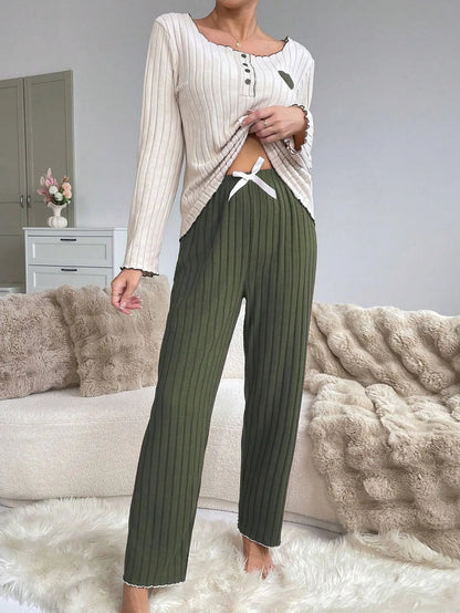 Women Autumn Winter Sleepwear Casual Long Sleeve Heart Printd Tops and Long Trousers Pajamas Set Homewear Loungewear