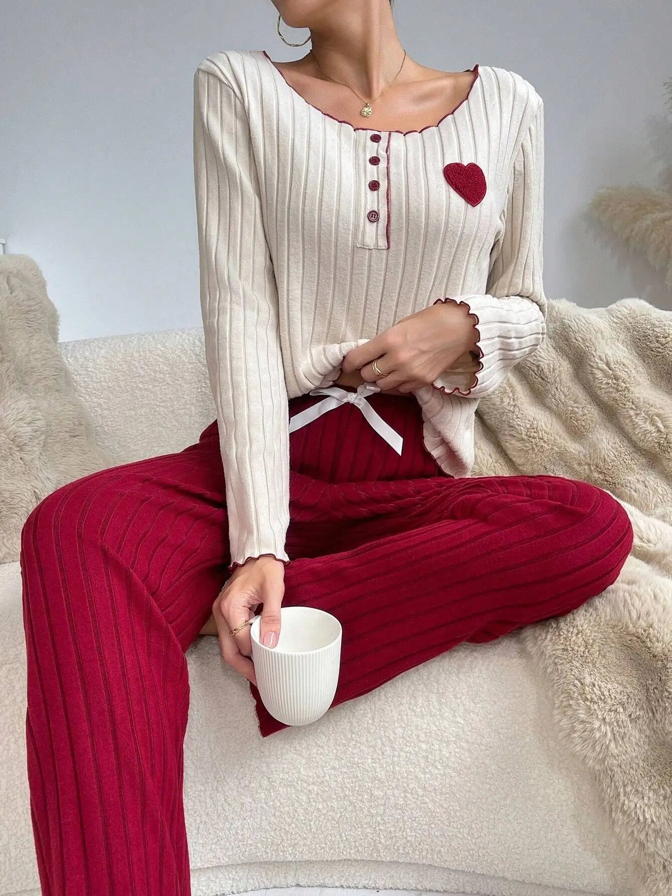 Women Autumn Winter Sleepwear Casual Long Sleeve Heart Printd Tops and Long Trousers Pajamas Set Homewear Loungewear