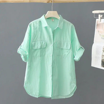 Turn-down Neck Pink Solid Short Sleeved Loose Shirt And Blouse Clothes Top Casual Single Breasted Spring Simple OL Outerwear New