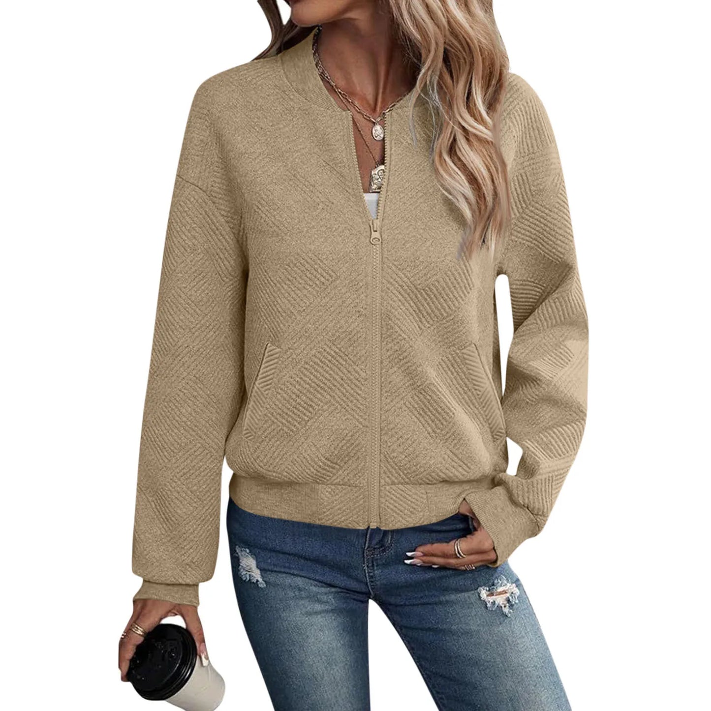 Women's Casual Zipper Jacket - Polyester Spandex Knit Fabric Spring Autumn Coat