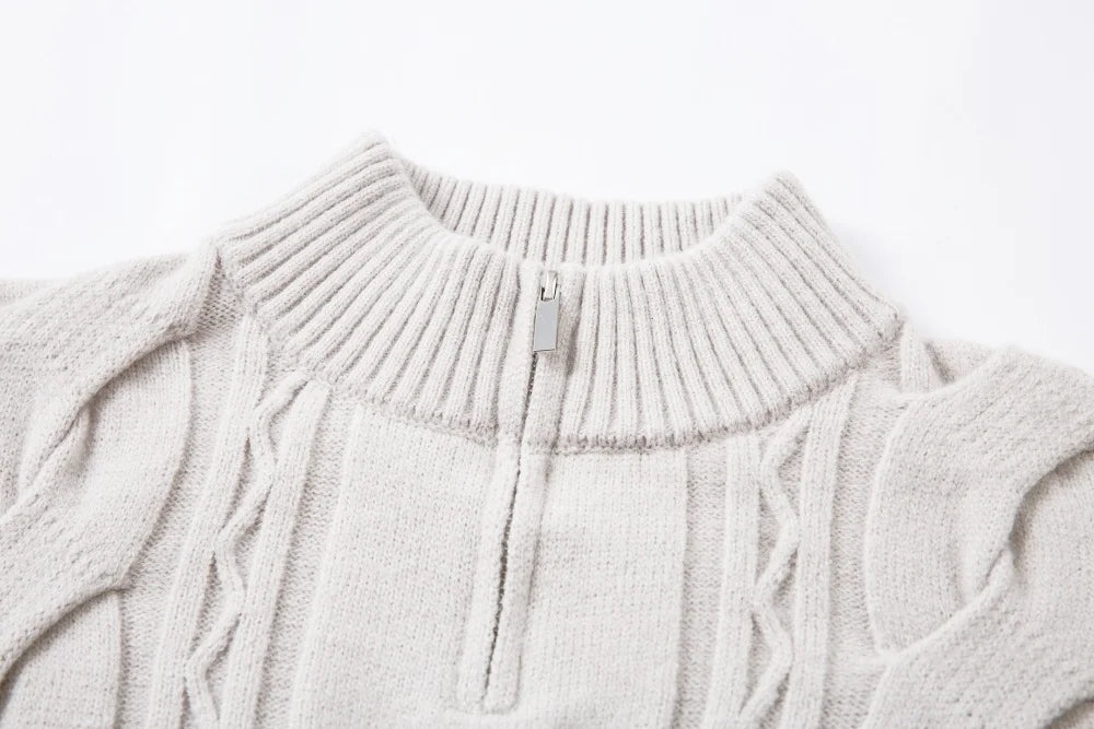 Solid Color Jacquard Sweater Mens Autumn Winter Casual Loose Half Zipper Long Sleeve Sweater Man