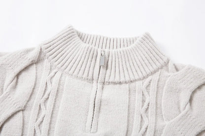 Solid Color Jacquard Sweater Mens Autumn Winter Casual Loose Half Zipper Long Sleeve Sweater Man