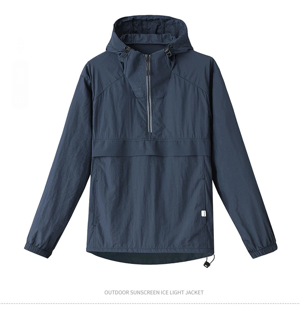 Spring Summer Men Lightweight Anorak Jacket Fashion Man Half Zip Sunscreen Hooded Coats Men UPF50+ Windbreaker Waterproof Jacket