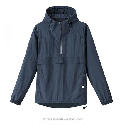 Spring Summer Men Lightweight Anorak Jacket Fashion Man Half Zip Sunscreen Hooded Coats Men UPF50+ Windbreaker Waterproof Jacket