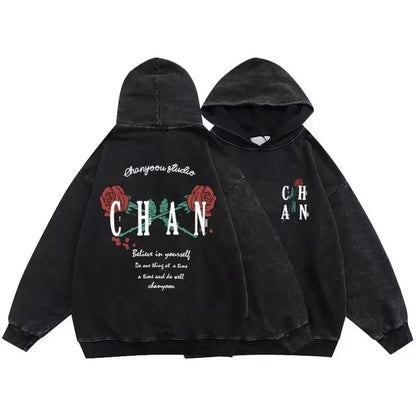 Gothic Vintage Washed Hoodies Letter Print Sweatshirts Streetwear Y2K Skeleton Hoodie Cotton Long Sleeve Pullover Hip Hop Hoody