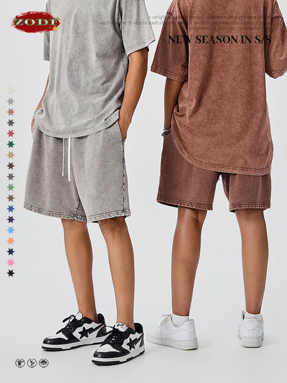 ZODF Trendy Batik Washed 420gsm Cotton Shorts For Men Retro Unisex Basic Heavy Weight Loose Solid Shorts Brand Bottoms HY0855