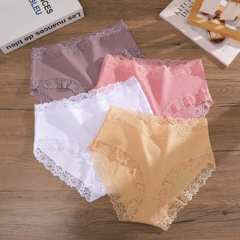3PCS/Set Women Cotton Panties Lace Low Waist Briefs Trendy Patchwork Lace Intimate Underwear Stretch Comfortable Ladies Lingerie