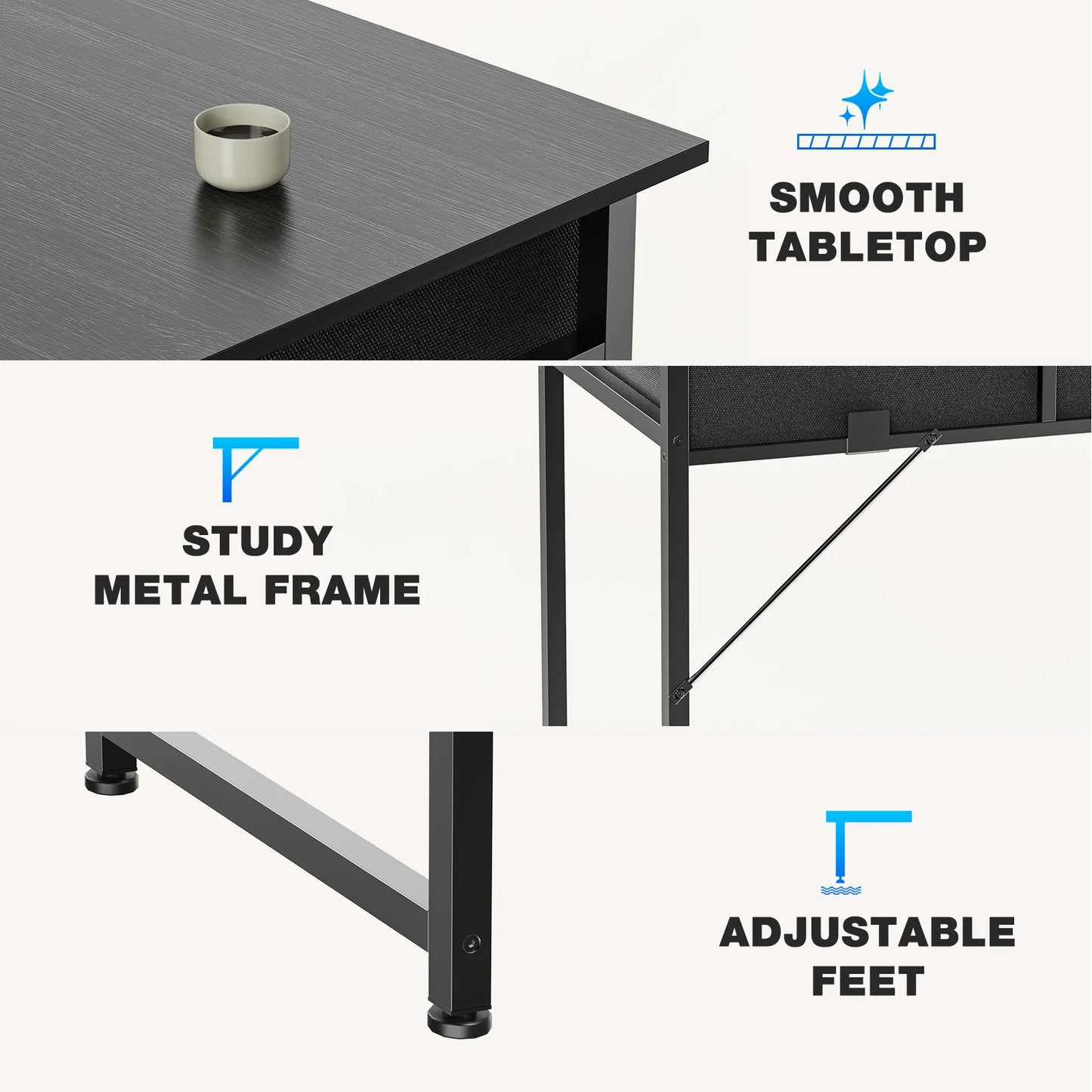 Modern Office Desk – Computer Desk with Storage Drawers, Metal Frame & Adjustable Feet