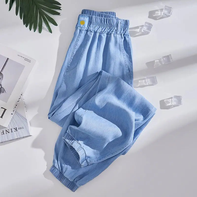 Plus Size Ice Silk Denim Pants Yoga Sports Thin Loose Style Women's Summer Casual Wide Leg Pants Harajuku Style Loose Waist