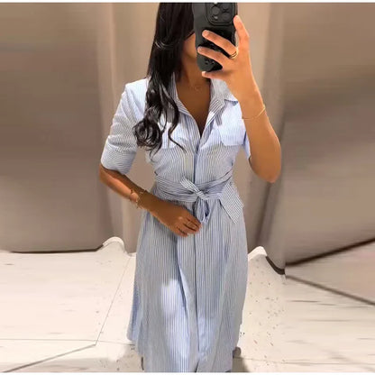 Women Summer Dress - Casual Striped Long Half Sleeve Slim Waist Mid-Calf Robe
