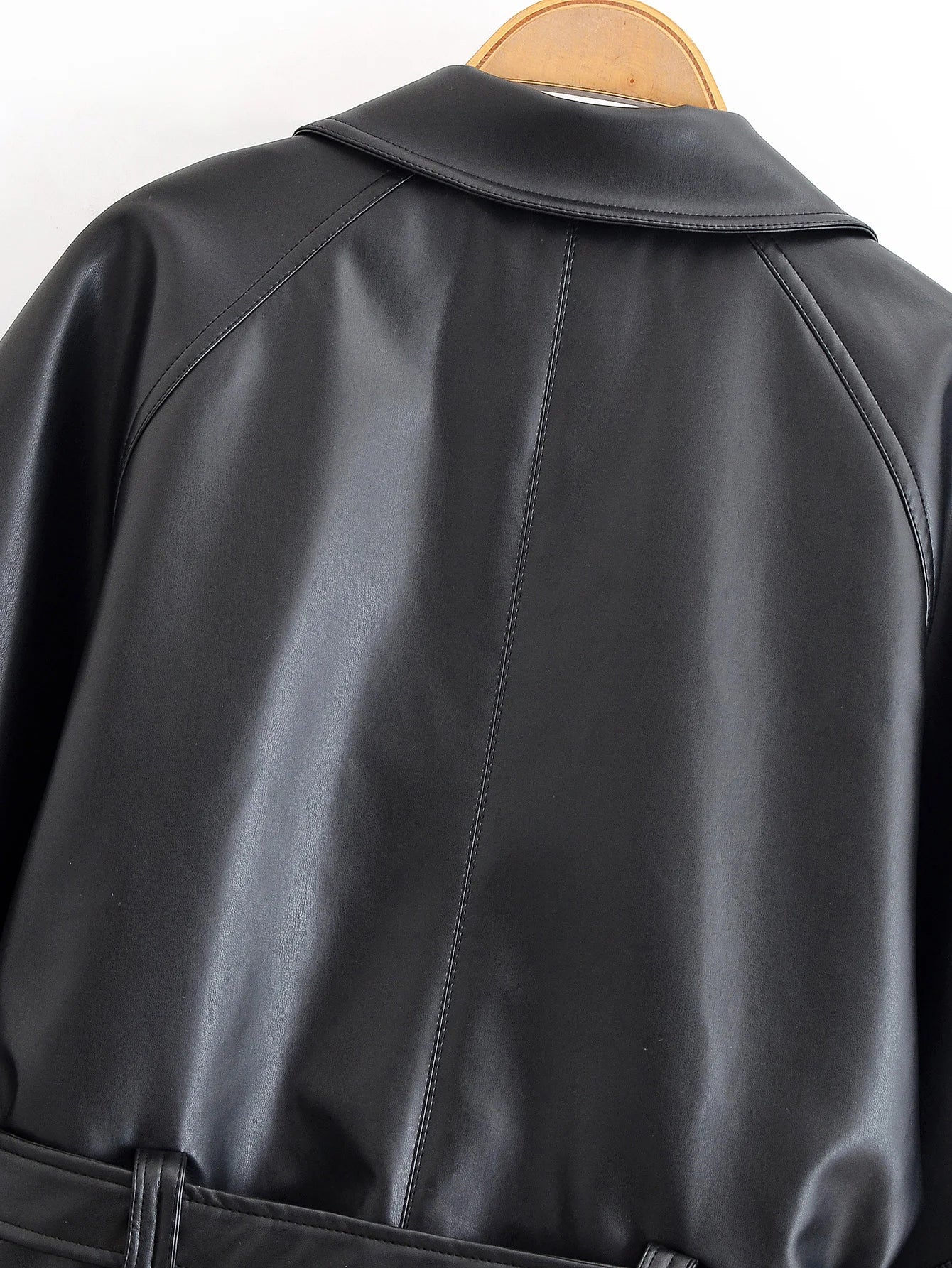 Faux Leather Trench Coat - Women's Black Belted Lapel Jacket With Zipper Closure