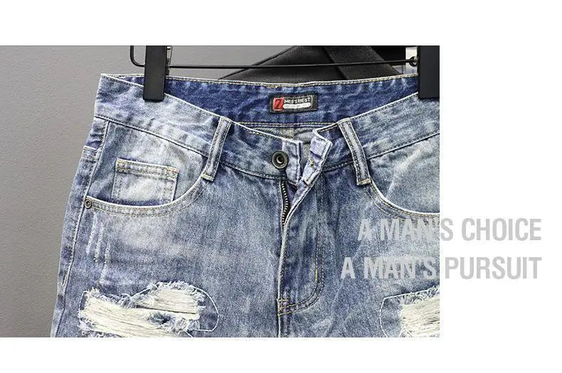 Men's Denim Shorts – Slim Fit Casual Knee Length Pants With Ripped Patch Detail