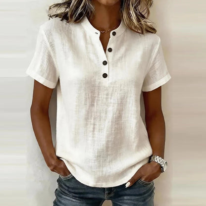 Summer Short Sleeve Basic Blouses Women's Shirts Solid Color V Neck Button Shirts Women Casual Cotton Linen Loose Tops Pullover