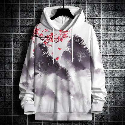 Autumn Hoodies For Men 3d Landscape Ink Print Street Designer Long Sleeved Loose Oversized Pullover Fall Fashion Men's Clothing