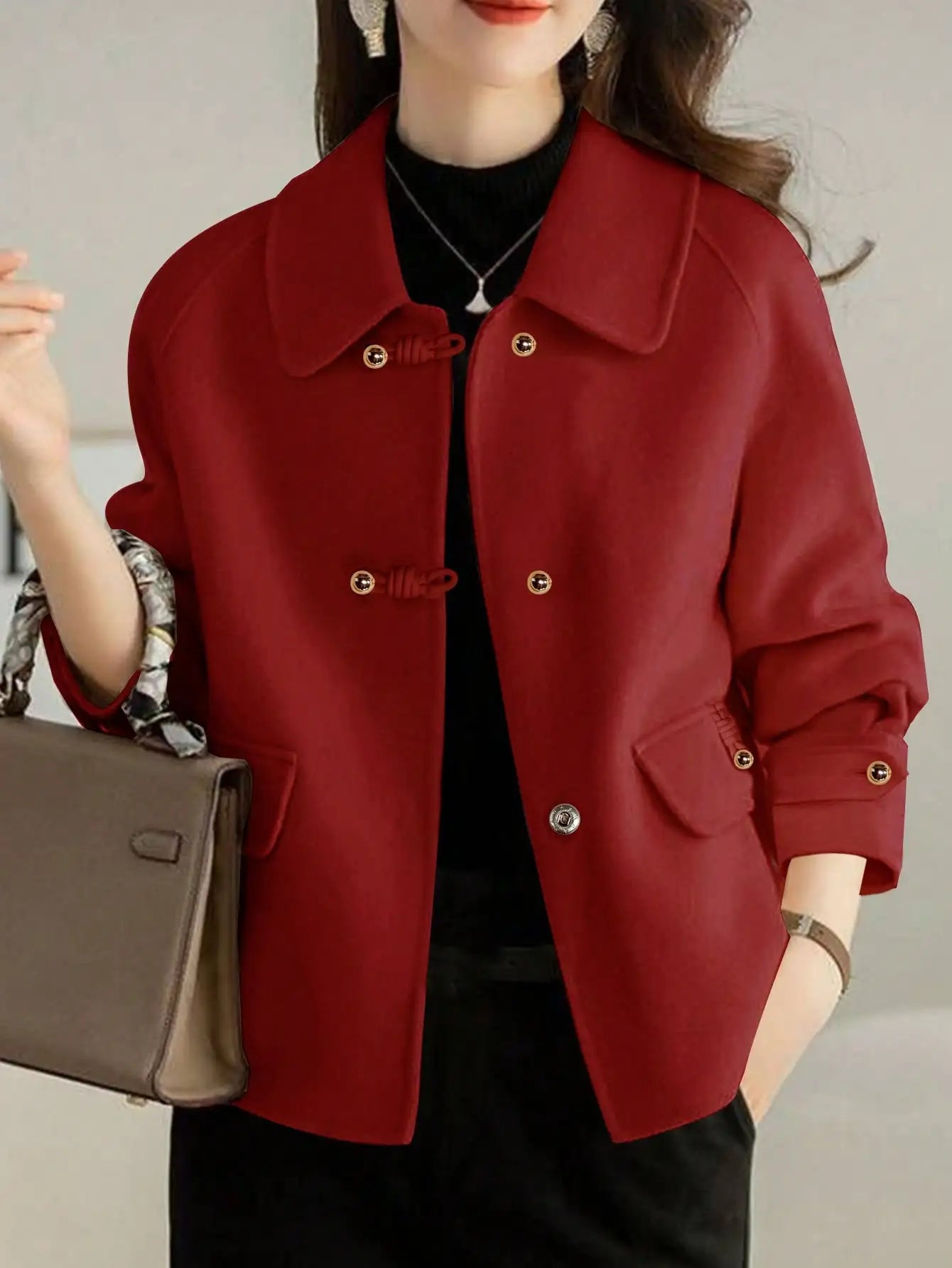 Short Coats Women – Elegant Double Breasted Formal Office Coat With Turn-Down Collar
