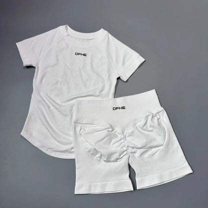 DFHE 2 Piece Athletic Tracksuit, Seamless Short Sleeve Yoga Wear, High Stretch Running Shorts, Gym Training Outfit