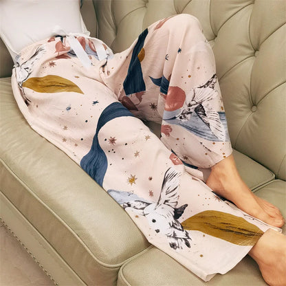 Women Cotton Casual Trousers Summer Loose Pajamas Home Pants Thin Wide Leg Pants Fashion Oversized Sleep Bottoms Korean Pants