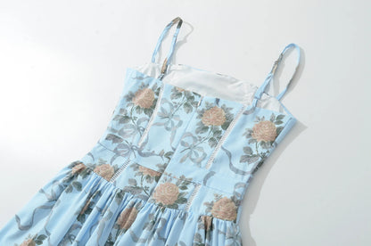 YENKYE Lace Trim Floral Print Sexy Sling Dress Women Elegant A-line Midi Summer Vacation Party Dresses New 2026 Clothes