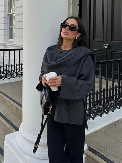 Knitted Coat Women – Warm Autumn Coat Female With Scarf Collar & Button Closure