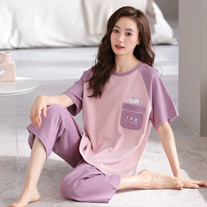 Women's Summer Pyjamas: Short-Sleeved Top and Cropped Trousers, Plus Size, Boho-Chic Checked Set, Loungewear, Women's Underwear