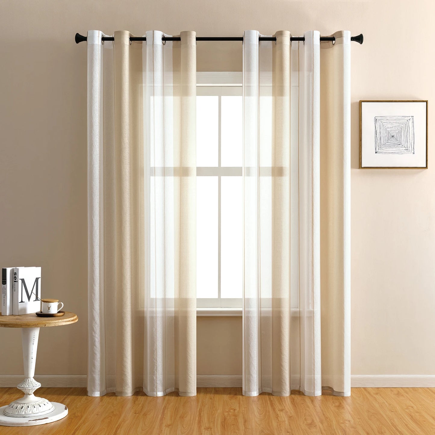 Striped Sheer Curtains | Soft Voile Fabric Semi Sheer Drapes - Eyelet Panels for Office & Home