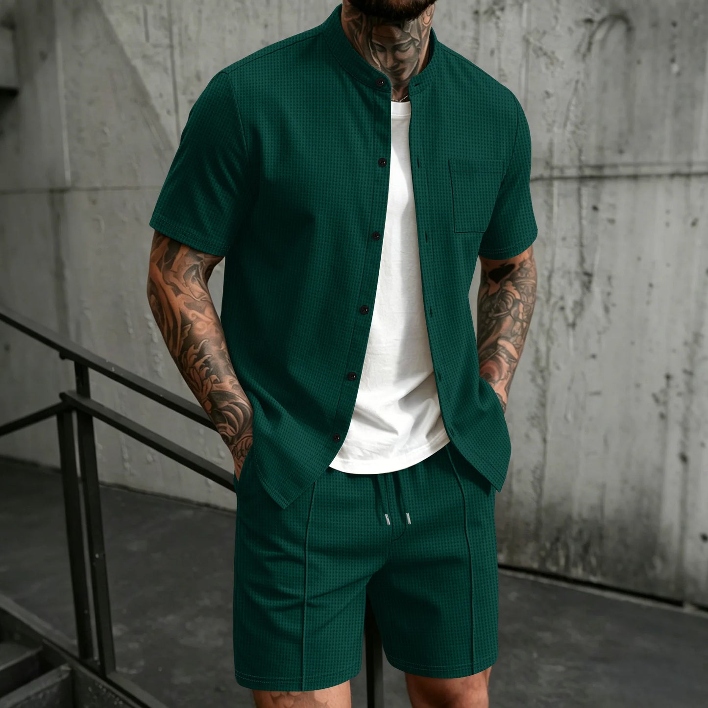 Men's new summer style waffle plain-color crew-neck t-shirt with pocket short-sleeved set with beach shorts men's casual suit