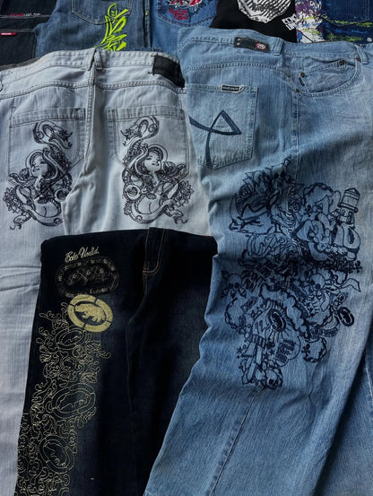 Y2K Vintage Printing Men Baggy Jeans Harajuku Trend Women Hip Hop Fashion Casual Joker Couple Wide-Leg Pants Streetwear
