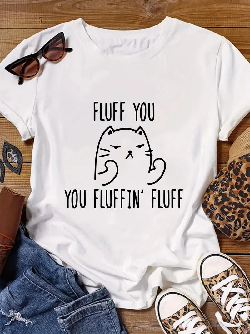 Plus Size T-Shirt - Women's Casual Tee With Cat Print | Crew Neck, Short Sleeve
