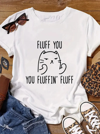 Plus Size T-Shirt - Women's Casual Tee With Cat Print | Crew Neck, Short Sleeve