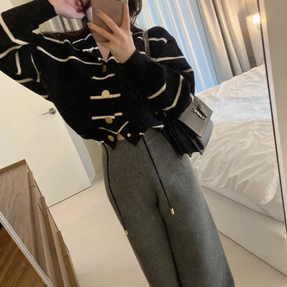 Loose Women's Knitted Cardigan Coat with Big Pockets Striped Splicing Drawstring Hem Single Buttoned Open Front Sweater