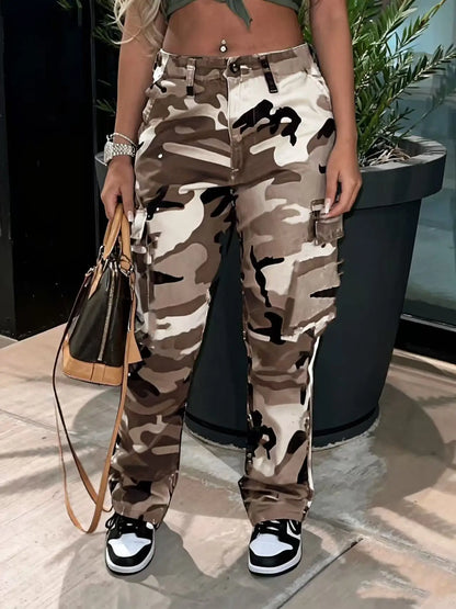 Women's Classic Multi Pocket Camouflage Straight Leg Pants, Button Closed Y2K Pants, Suitable for Daily Outdoor Wear in All Seas